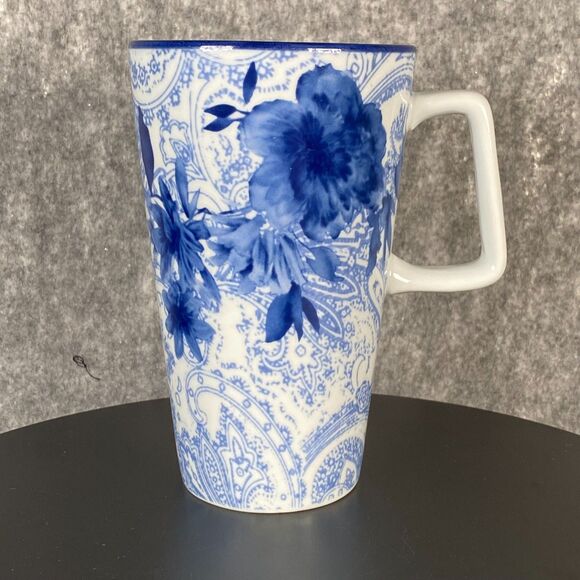 Cracker Barrel Blue and White Tall Coffee Mug Floral Paisley Replacement 6" 14oz - Picture 2 of 8